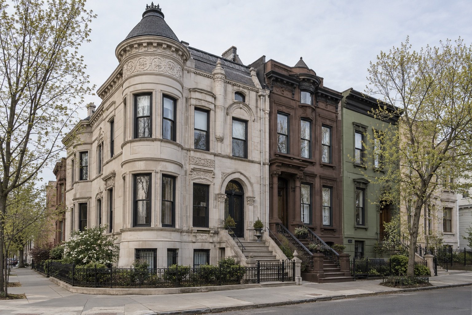 Illustrative Brooklyn limestone, brownstone and olive-painted townhouses