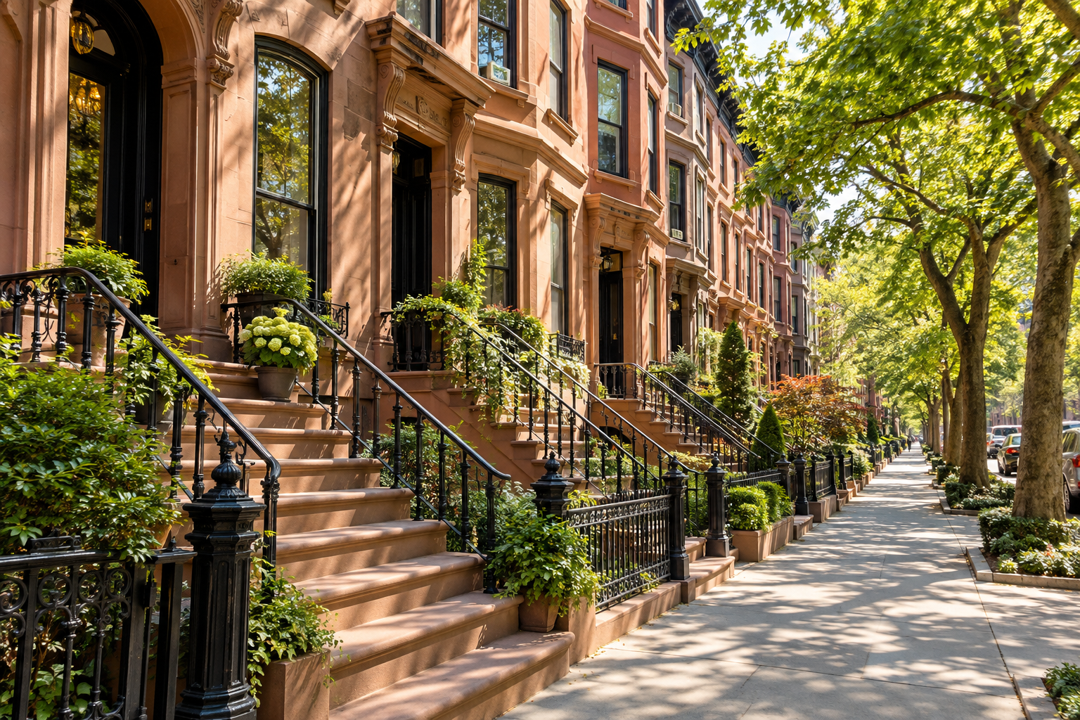 Illustrative New York brownstone streetscape in warm daylight